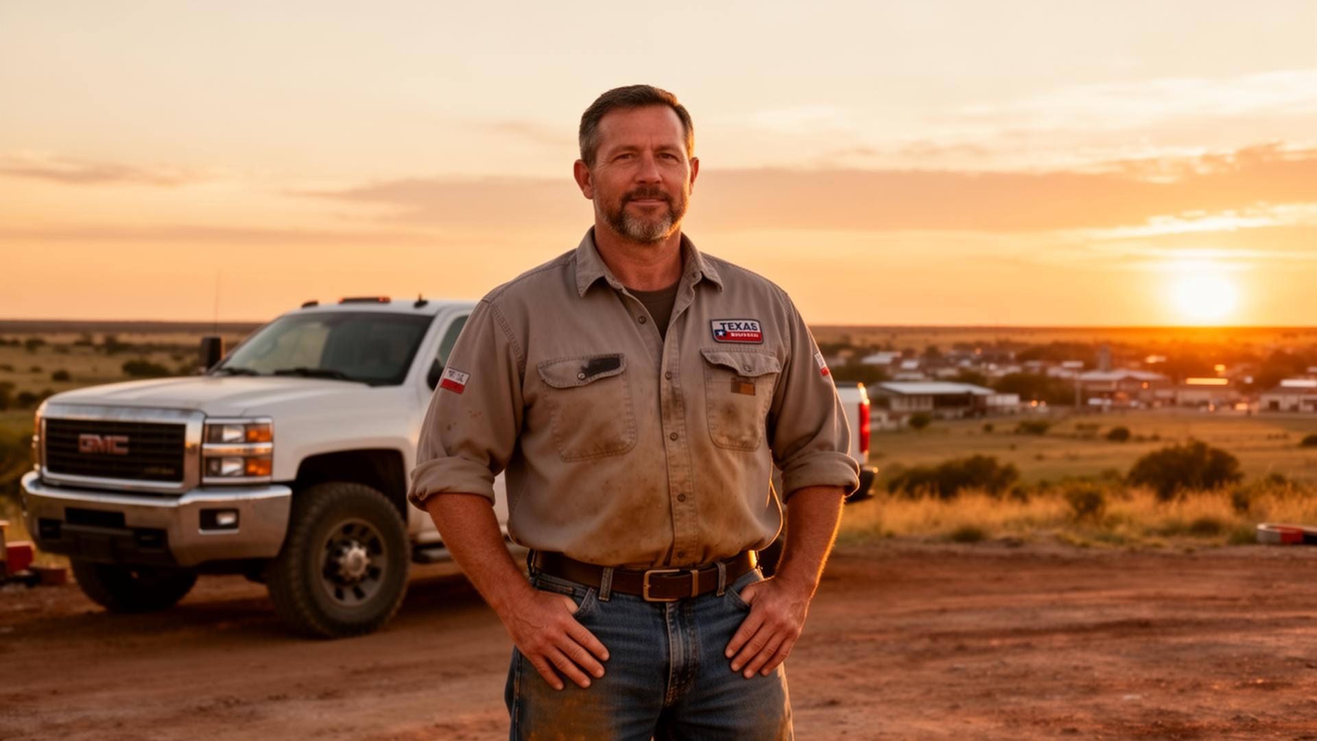 Texas business owner standing in front of his truck at sunset